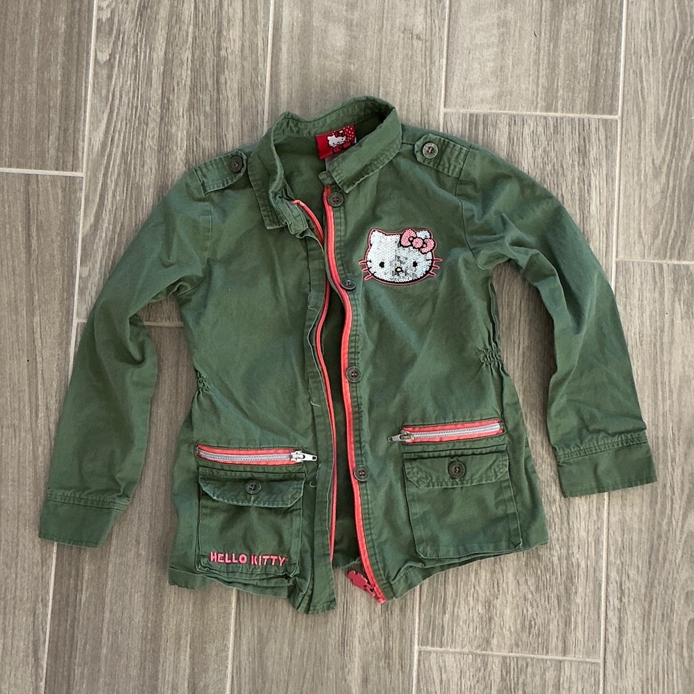 Hello Kitty Olive Green Kids Jean Jacket with Pink Trim
